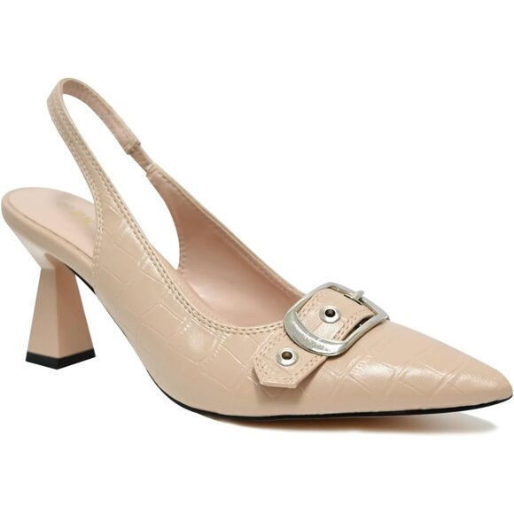 Apricot Women Slingback Kitten Heels Pointed Toe Pumps Shoes with Buckle Strap - Picture 3 of 10